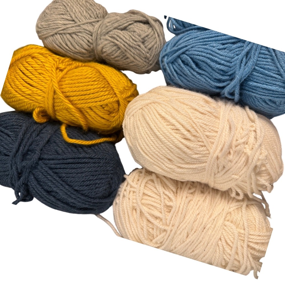 Mixed Lot 6 Skeins Soft Medium Weight Yarn Navy Mustard Cream Blue Grey DIY